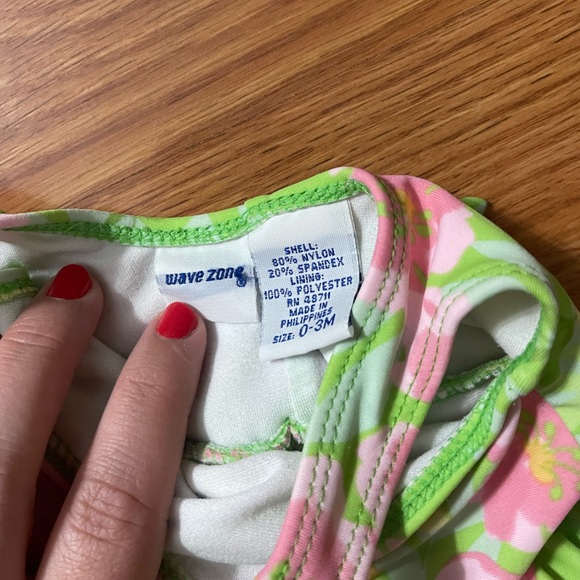 Girls Floral Ruffle One-Piece Swimsuit - Pink & Green - Picture 3 of 3